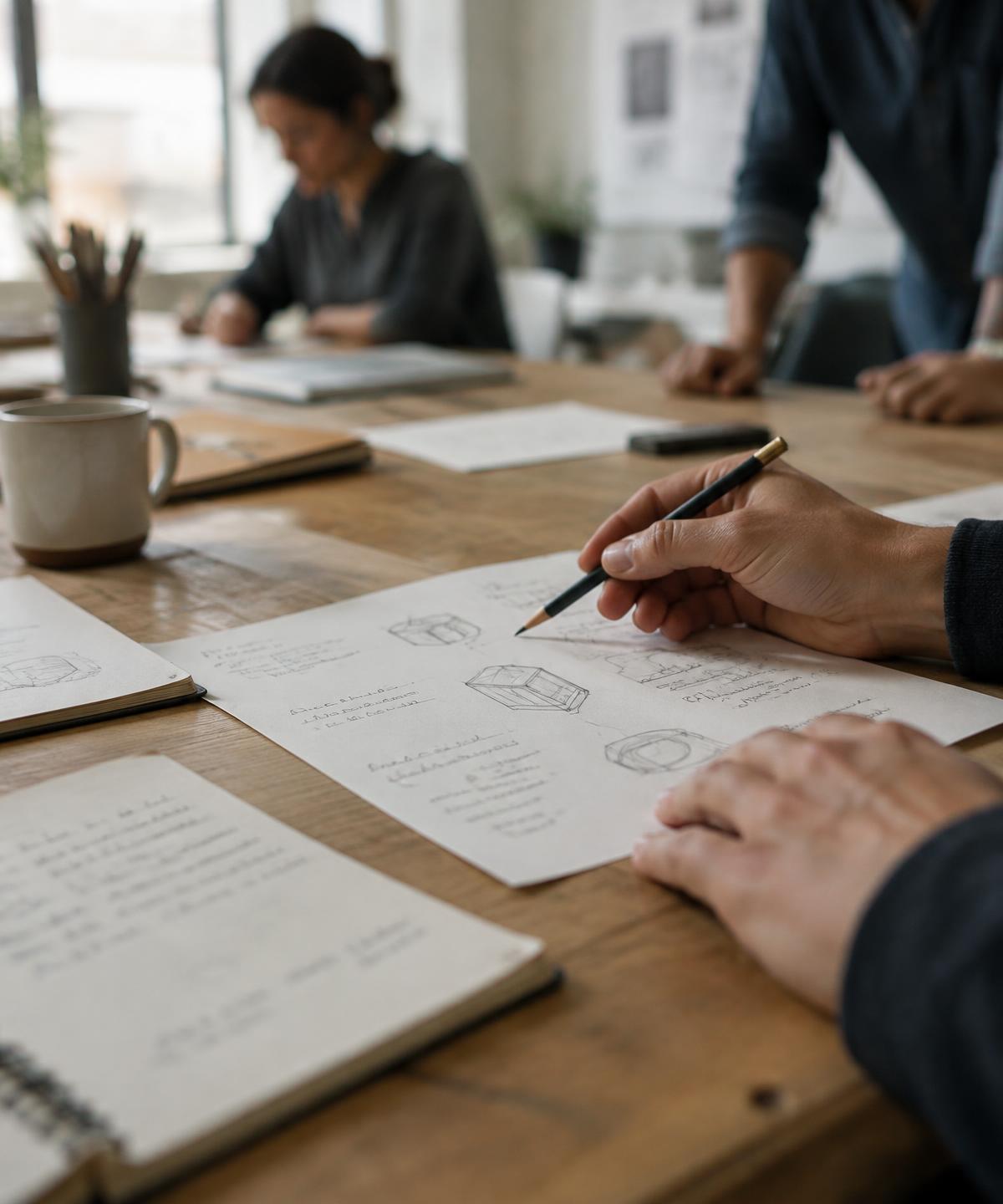 Notes and hands on a workshop table